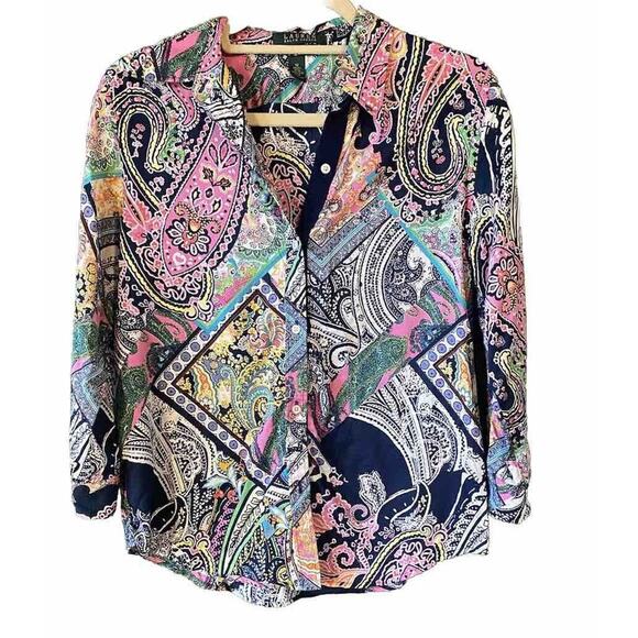 Ralph Lauren LRL Blouse Womens Medium 100% Cotton AOP Paisley Multicolor Shirt - Picture 1 of 9